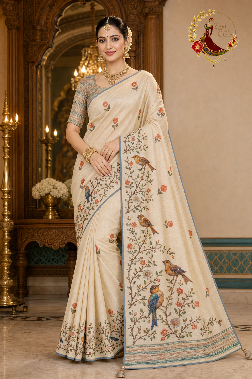 Cream cotton silk saree with printed songbird and floral stone-work pallu, worn by a model