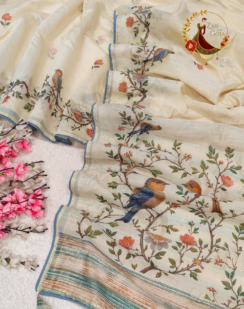 Cream cotton silk saree with printed songbirds and wild roses along the border