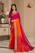 Pink to orange ombré Dola silk saree with woven silver zari butis, worn by a model