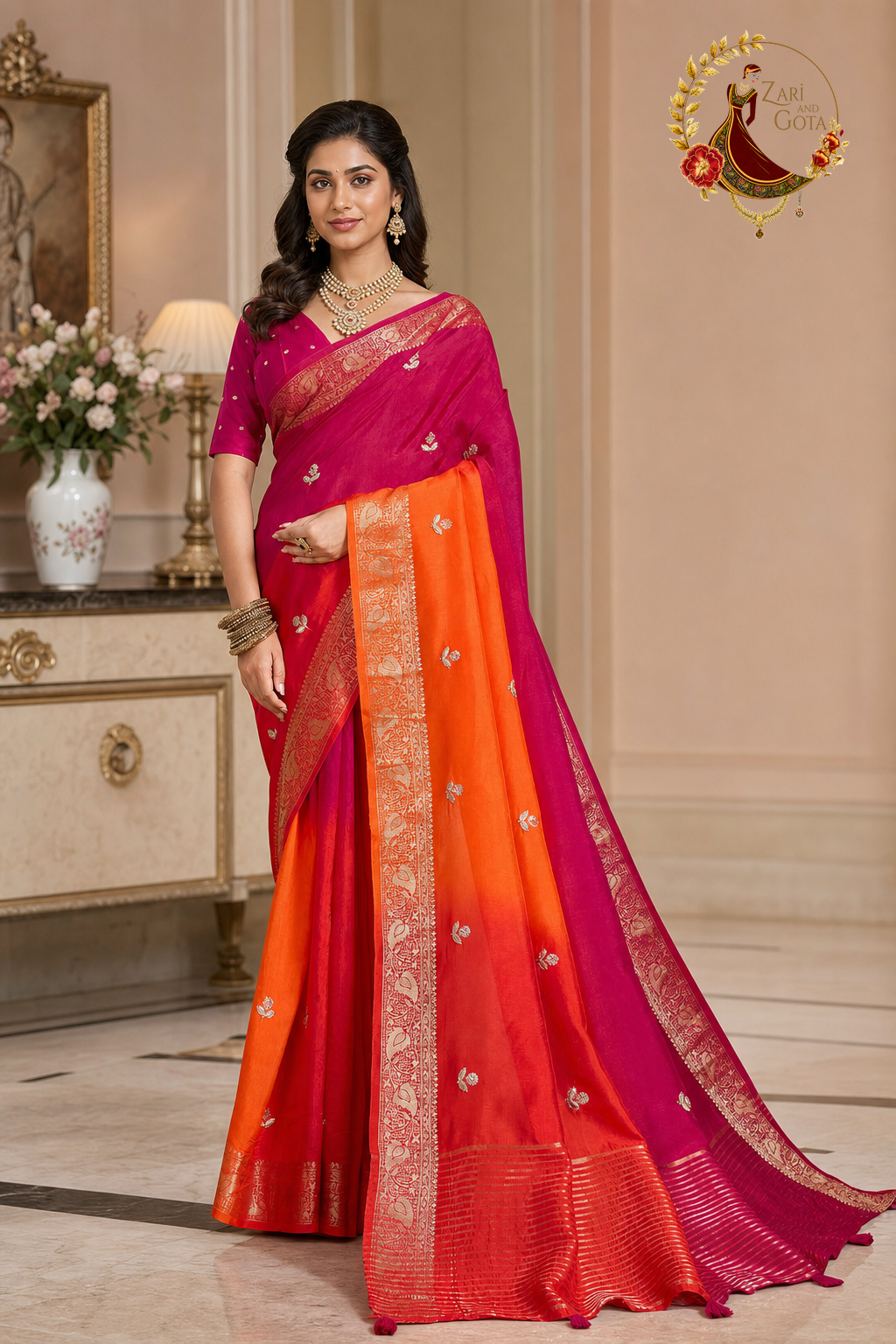Pink to orange ombré Dola silk saree with woven silver zari butis, worn by a model