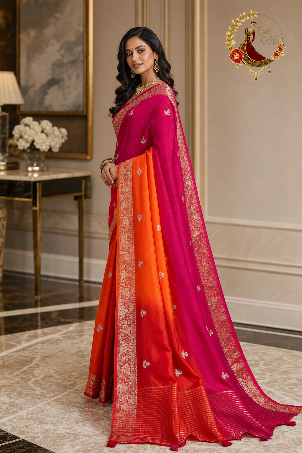 Side view showing the pink to orange colour shading down the drape