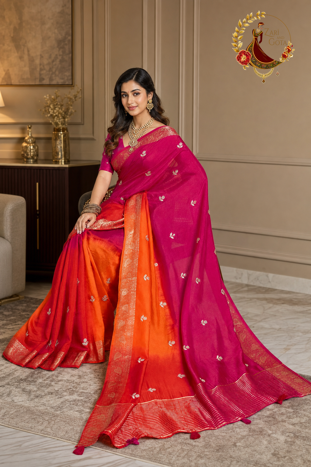 Front view of the ombré saree showing the woven gold paisley border