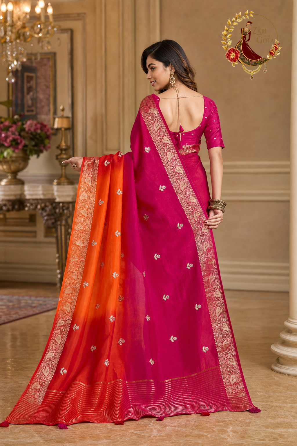 Back view of the ombré saree with the pallu spread to show the butis
