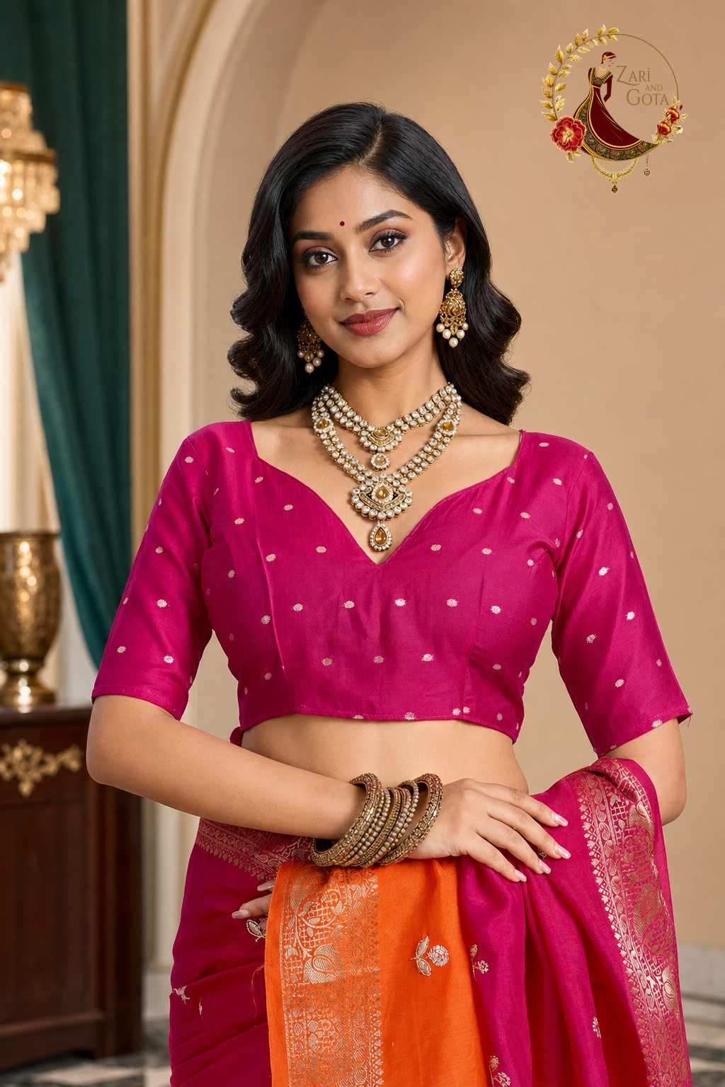 Close view of the rani pink blouse piece with matching silver butis
