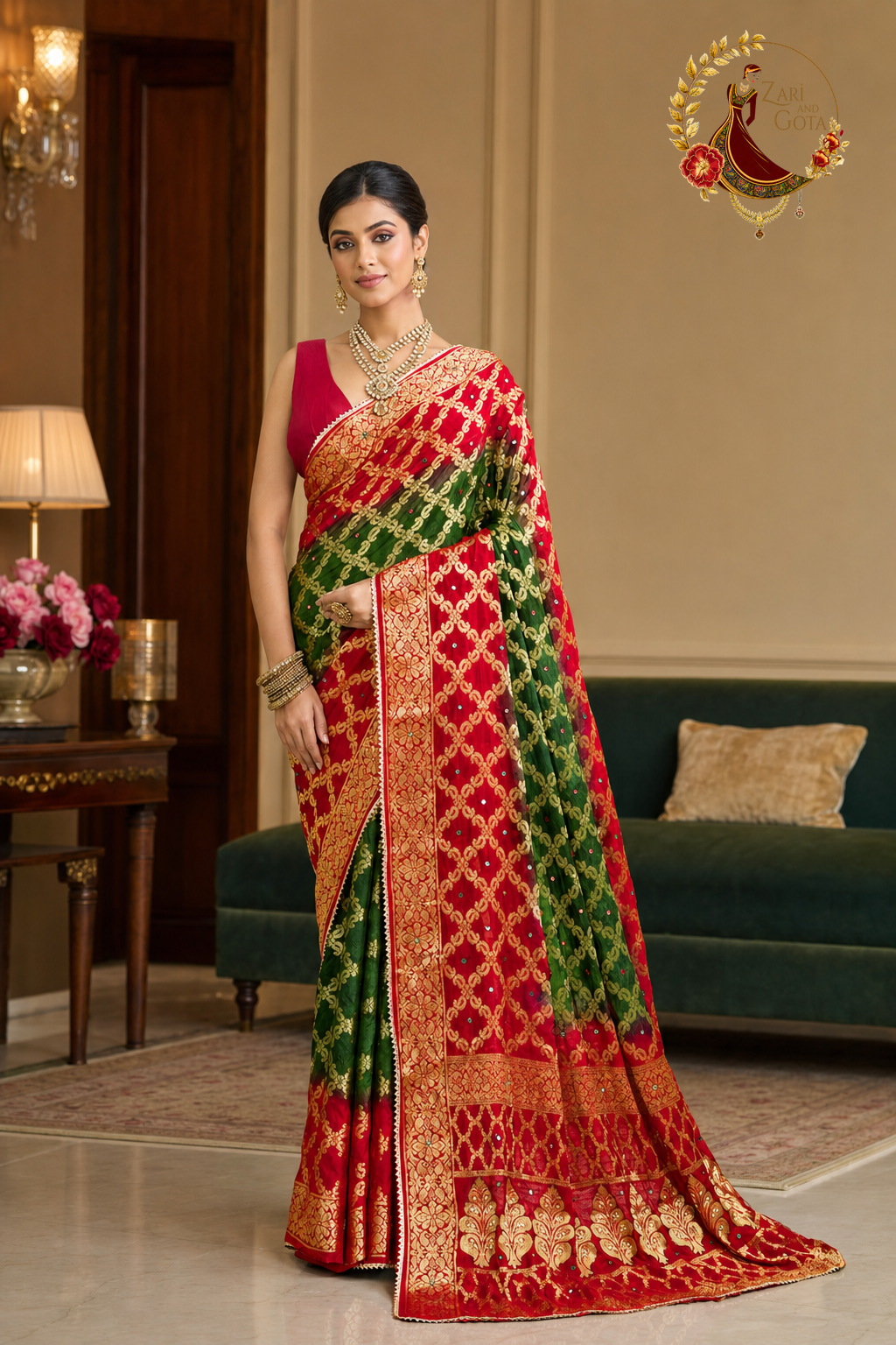 Green and red ghatchola Banarasi silk saree with gold zari lattice, worn by a model