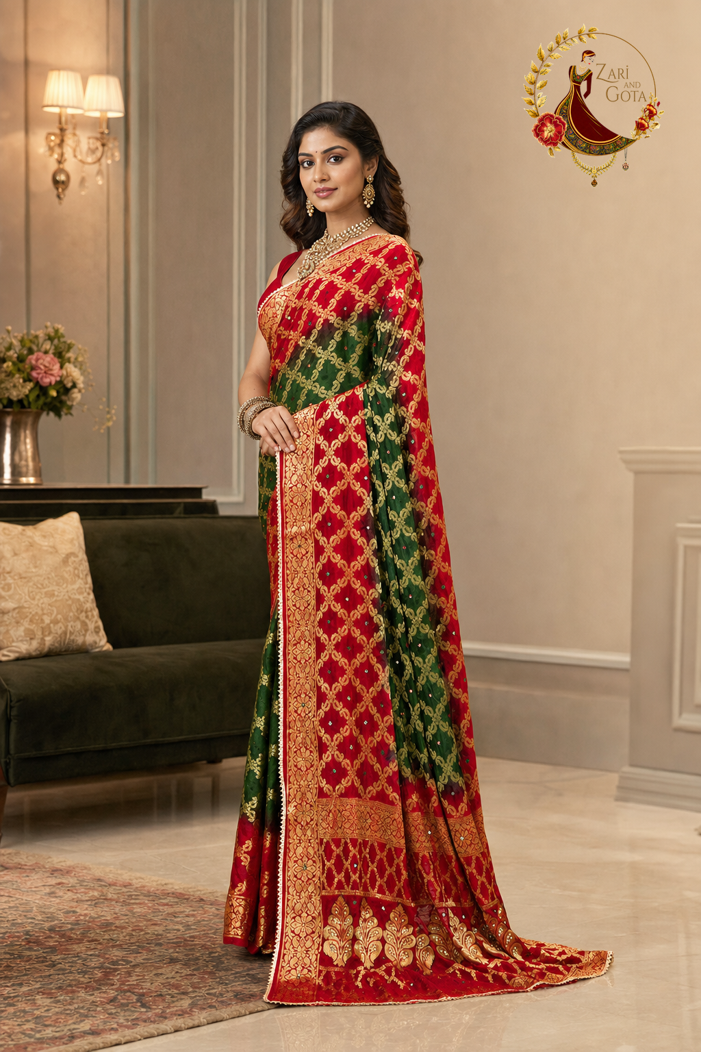 Front view showing the green zari lattice against the brocaded red border