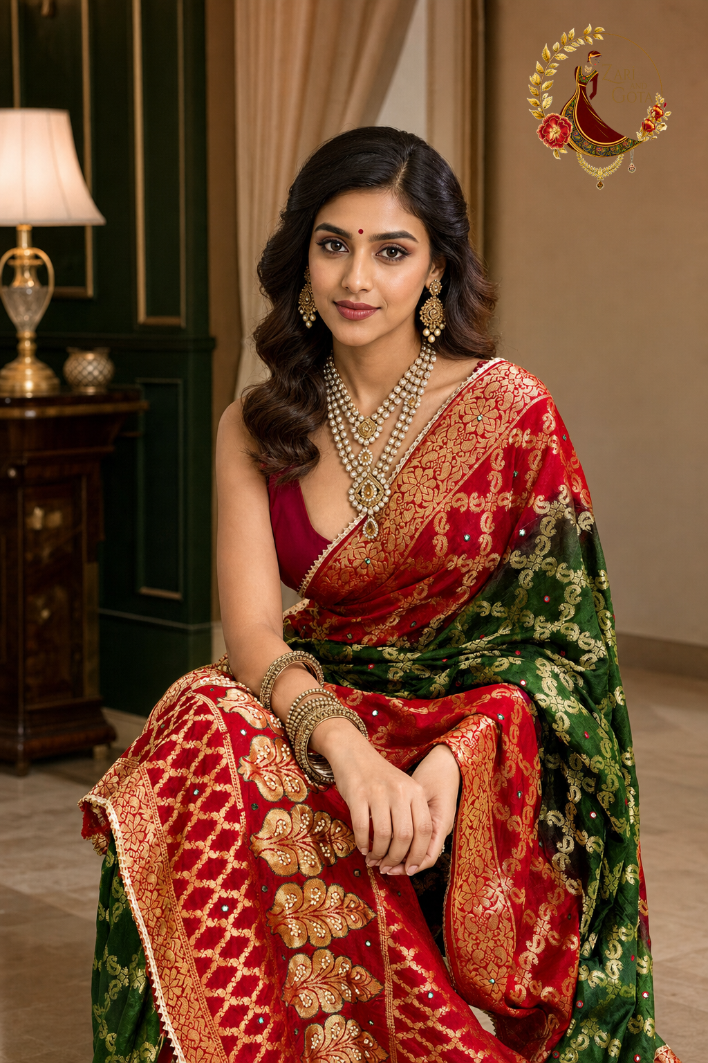 Seated view of the ghatchola saree showing the red pallu brocade