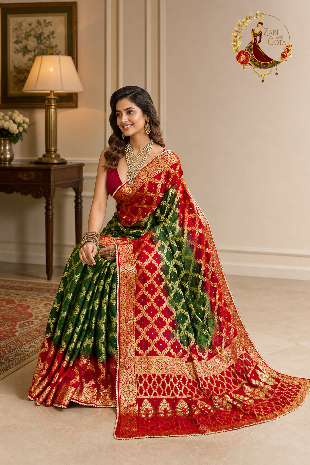 Green and red ghatchola saree with the pallu draped to show the zari florals