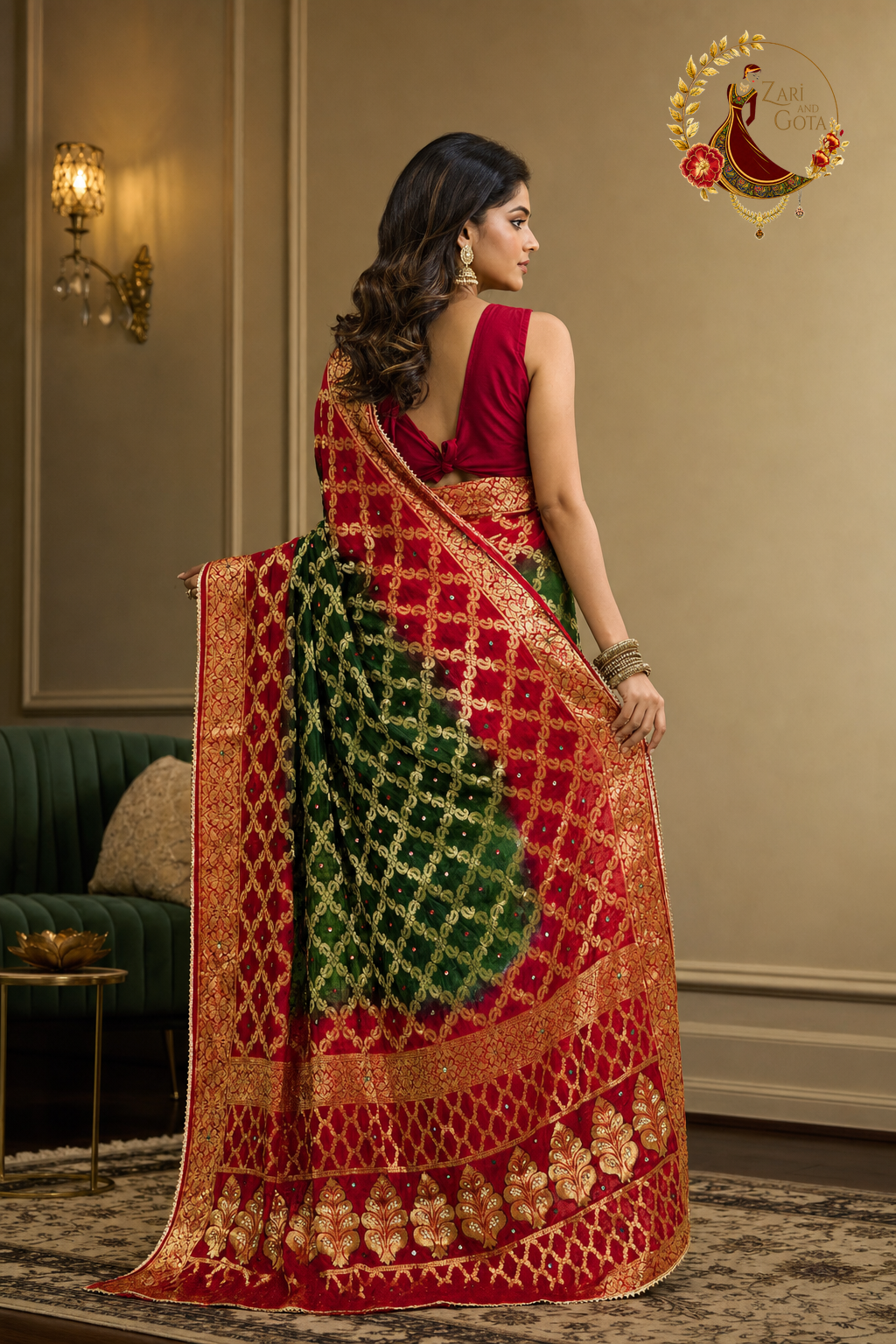 Back view of the green and red ghatchola saree showing the full pallu