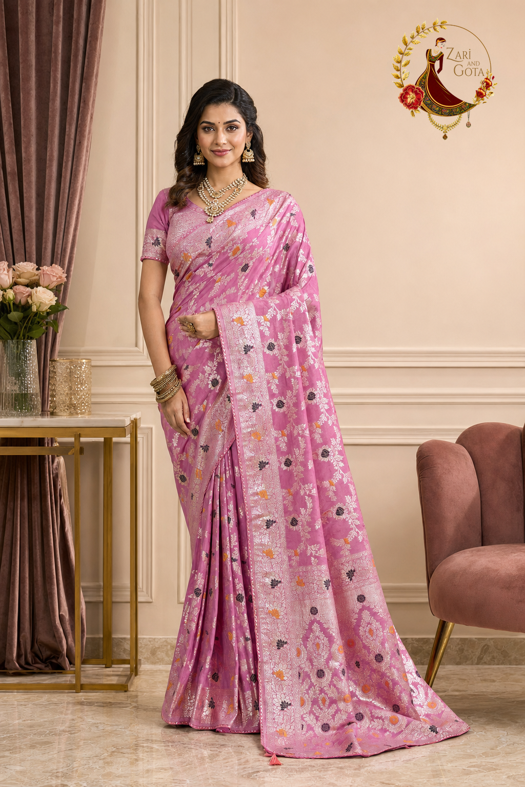 Rose pink Dola silk saree with silver Banarasi Meenakari zari weaving, worn by a model