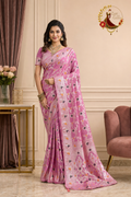 Rose pink Dola silk saree with silver Banarasi Meenakari zari weaving, worn by a model