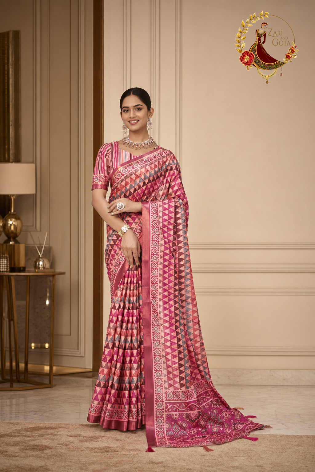 Front view of the printed cotton silk saree showing the banded pleats