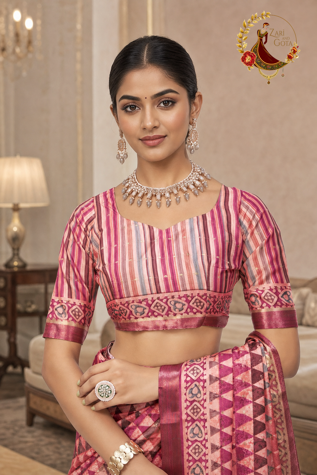 Close view of the matching printed blouse piece and zari band