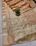 Peach and gold tissue saree with zari lattice and cutdana beadwork motifs