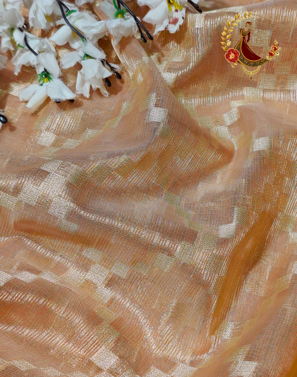 Draped peach tissue saree showing the gold zari lattice across the body