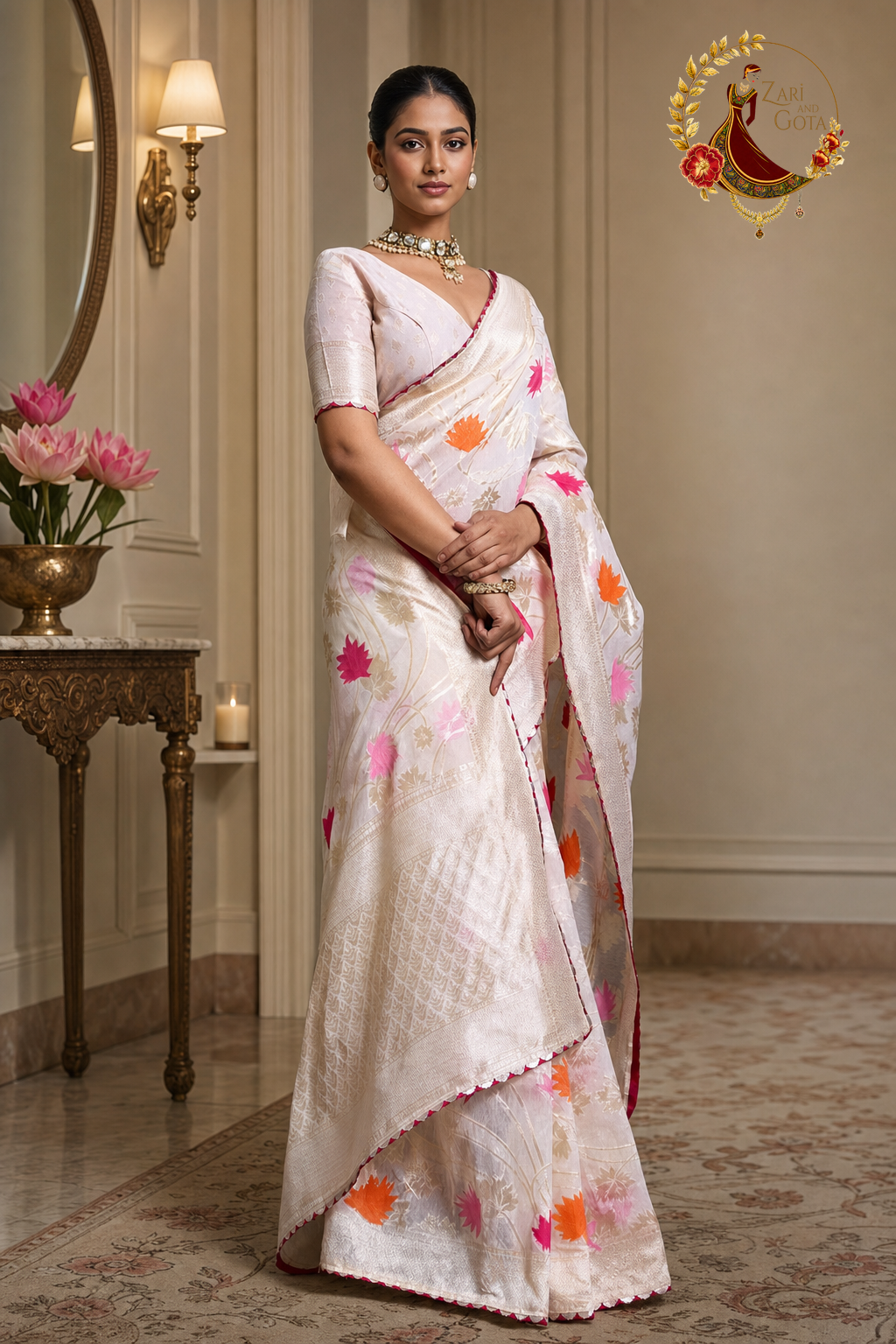 Cream khaddi silk saree with pink and orange woven lotus butis, worn by a model