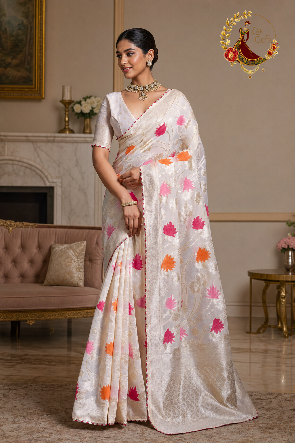 Front view of the cream khaddi silk saree showing the pleats and pallu drape