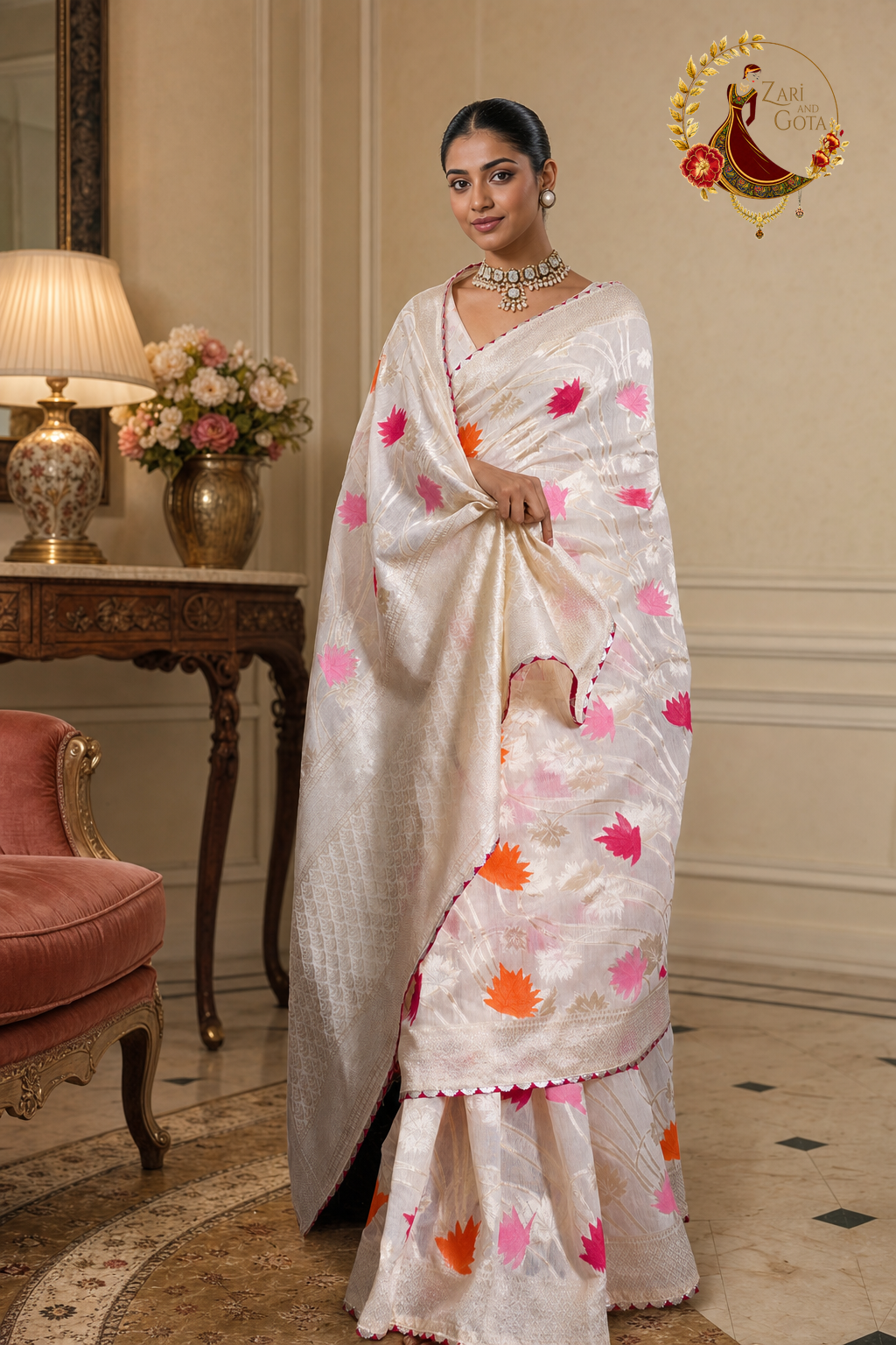 Cream khaddi silk saree draped with the pallu held, showing the woven ground