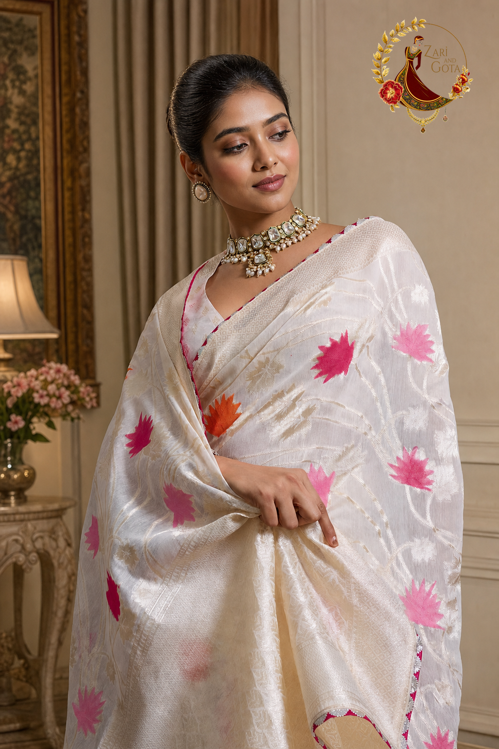 Close view of the pink, magenta and orange woven lotus butis on cream silk