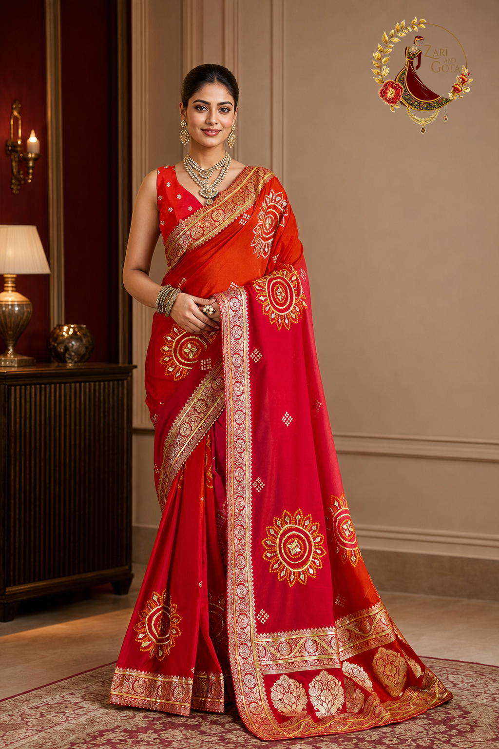 Red and pink ombré silk saree with gota patti sun medallions, worn by a model
