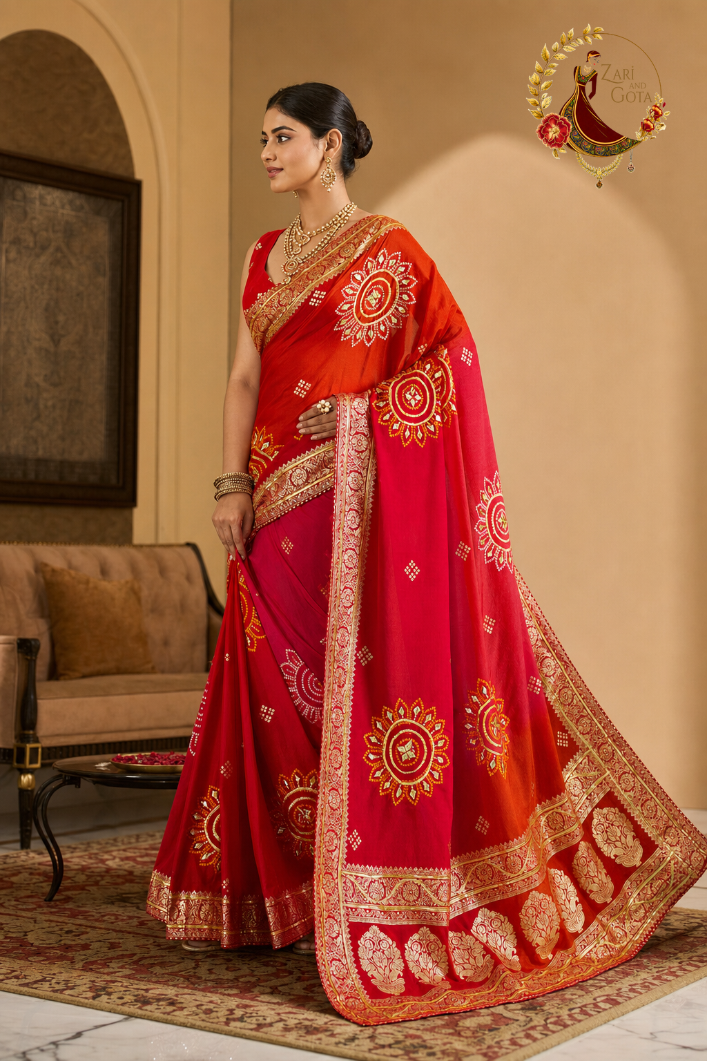 Side view showing the gota patti medallions and the woven gold zari border
