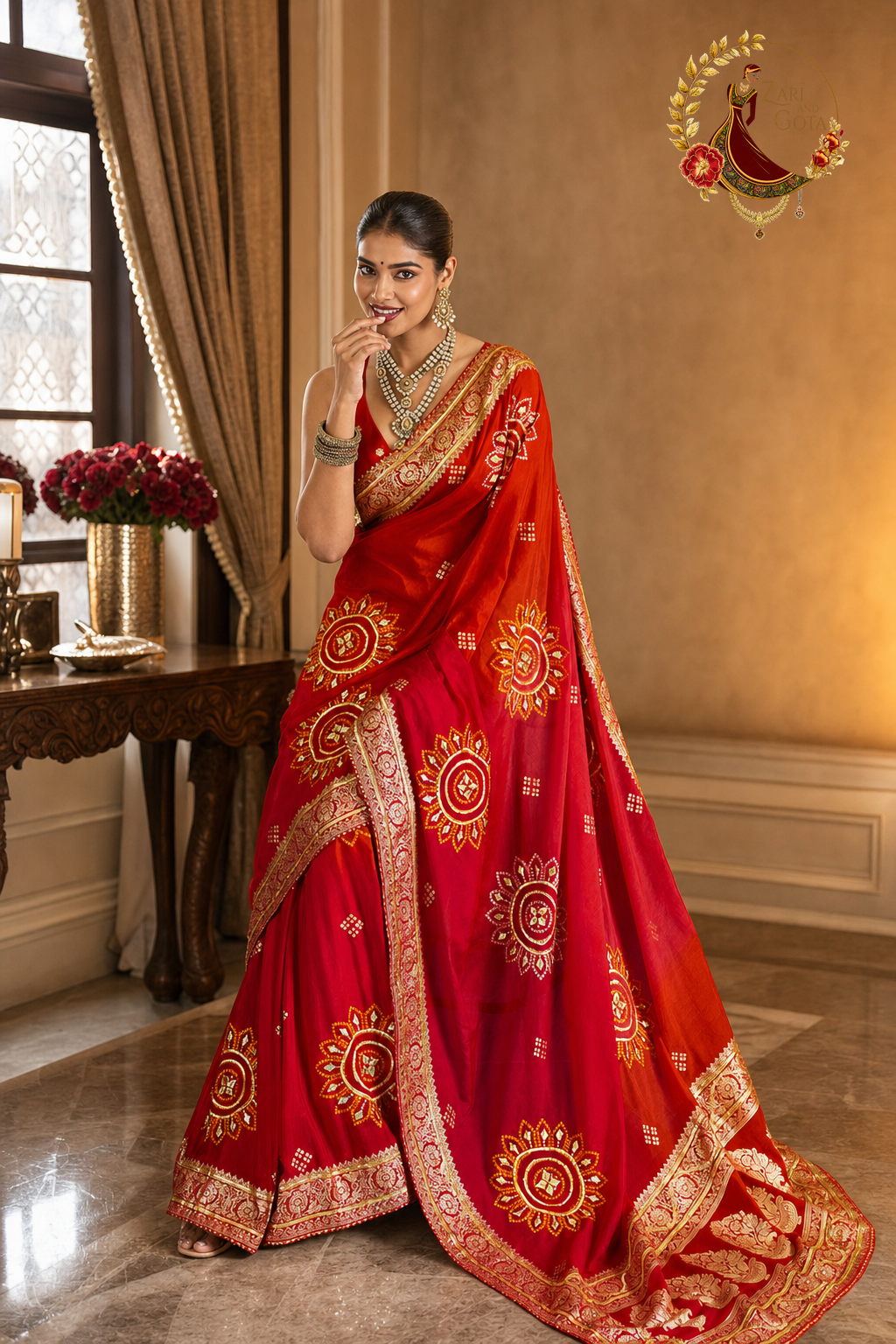 Red ombré saree with the pallu draped, showing the scalloped zari edge