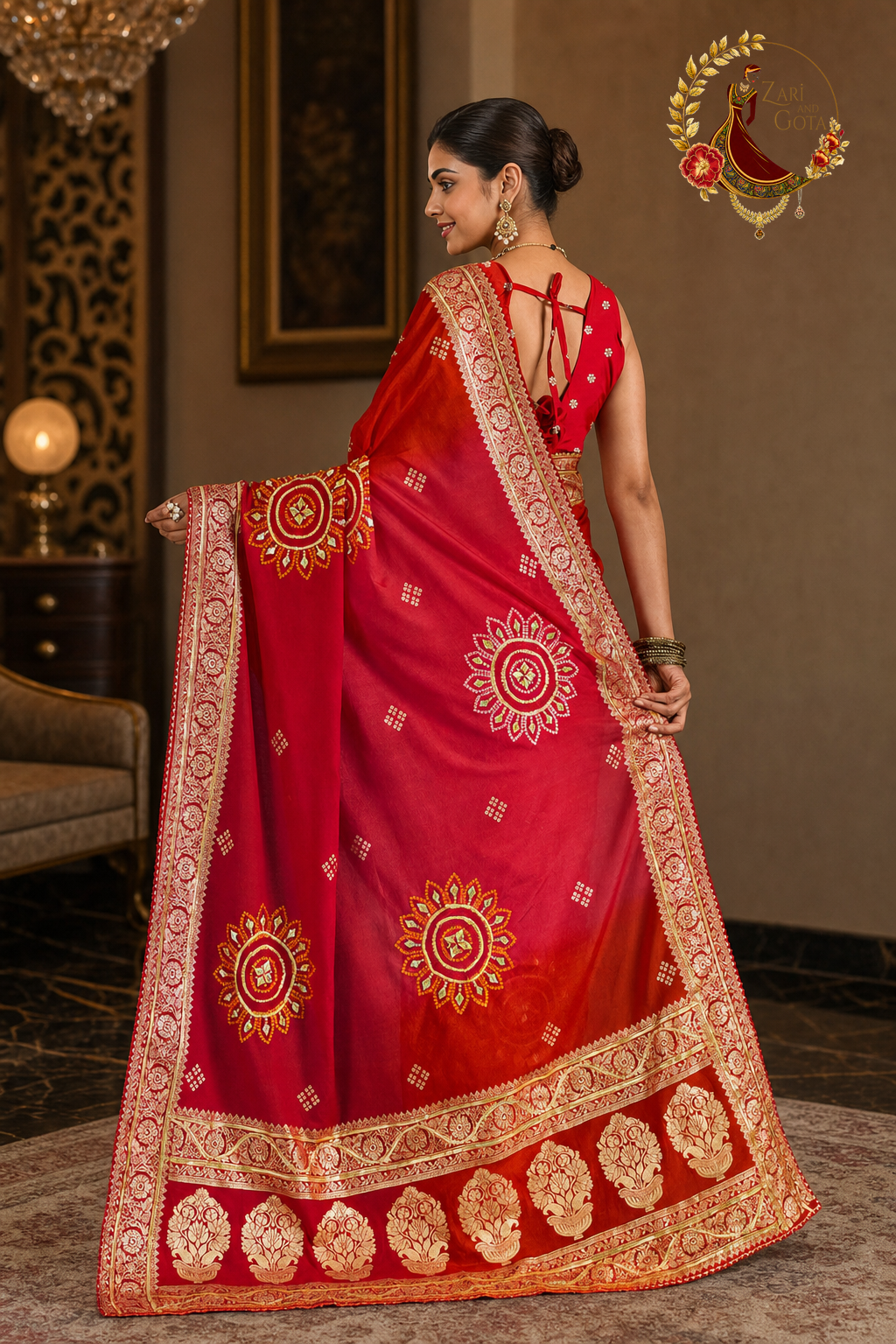 Back view of the red ombré saree with the pallu spread