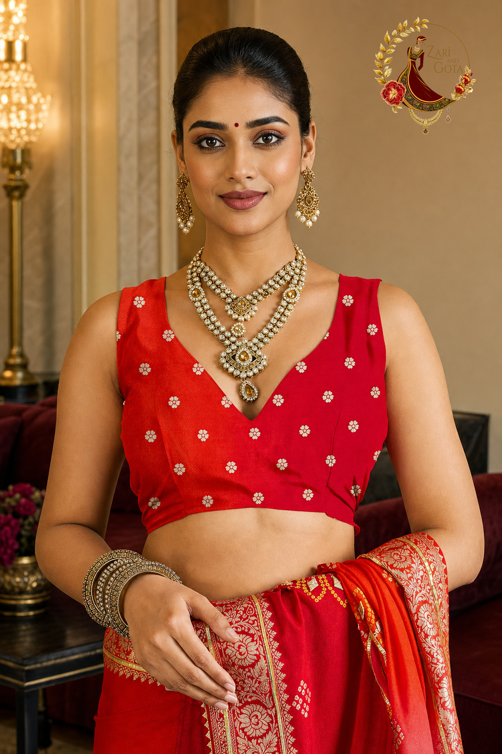 Close view of the red blouse piece with silver floral butis